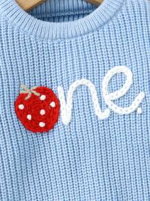 1pc Baby Girl Cute Embroidered Strawberry Graphic Knitted Sweater, Classic Sweet Design Round Neck Long Sleeve Top, Princess Casual Outdoor Outfit - Blue - View 5