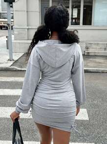 SHEIN 少女纯色褶饰修身连帽休闲针织连衣裙