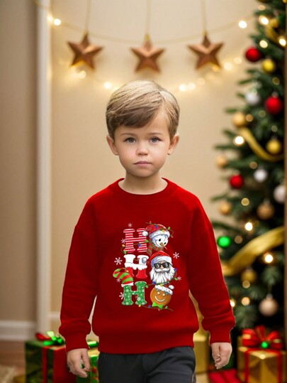 SHEIN Sudadera de cuello redondo roja con gráfico de dibujos animados navideños para niño pequeño, otoño/invierno