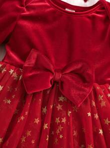 SHEIN 新生女宝宝可爱网纱拼接长袖连体衣，带蝴蝶结，适合圣诞节 - 紅色 - 查看 5