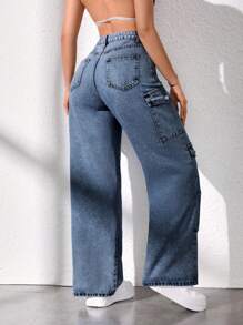 SHEIN ICON Calça Denim Larga com Bolso de Abas, Ajuste Solto, Estilo Casual Streetwear, para Mulheres - Lavagem Média - Visão 2