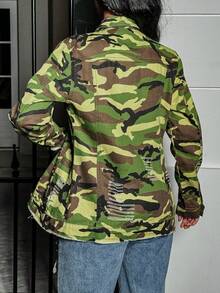 女式纽扣迷彩休闲单排扣牛仔夹克，秋季 - 卡其色 - 查看 2