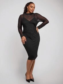 SHEIN Clasi Vestido de Festa Longo Sexy e Colante Plus Size para Mulheres, Preto com Folha de Ouro/Prata, Adequado para Festa de Outono - Preto - Visão 3