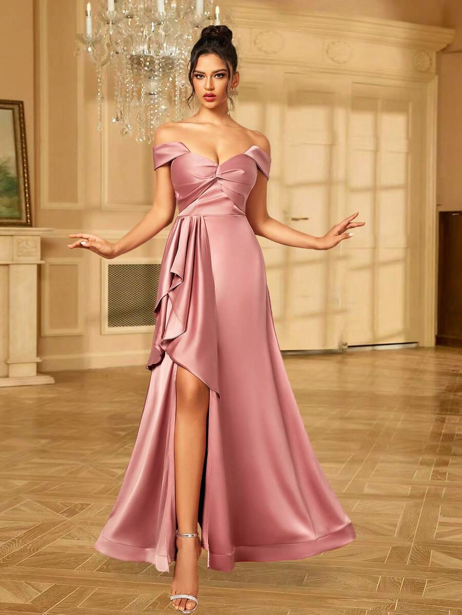 Silk Satin Bandeau Fish-Bone Pleated Front Ponytail Formal Dress Elegant Evening Wedding Guest Dress, For Graduation, Dinner - Dusty Pink - View 1