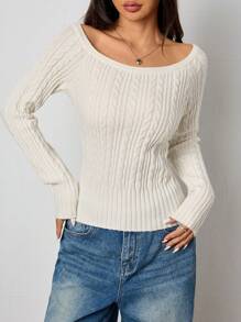 Flirla Simple Fitted Slash Neck Knitted Sweater Top, Casual & Versatile Open Shoulder White Top For Autumn/Winter Fall - White - View 4