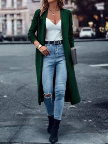SHEIN LUNE Áo khoác cardigan mỏng nhẹ siêu dài màu trơn hở phía trước cho nữ - Màu xanh lá cây đậm - Xem 4