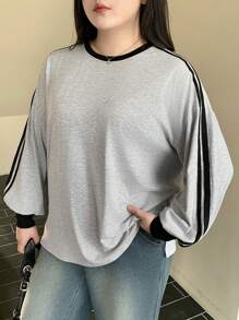 Dazy Petite Plus Plus Size Color Block Splice Crew Neck Loose Fit Sweatshirt,Fall Clothes - Grey - View 5