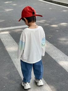 SHEIN 1 件年轻男孩休闲汽车和字母渐变印花长袖 T 恤，适合外出、上学、日常聚会、派对、秋冬季 - 白色 - 查看 3