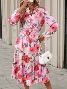 SHEIN LUNE Đầm midi dài tay cổ chữ V in họa tiết hoa cho nữ, thanh lịch cho ngày lễ - Nhiều màu - Xem 5