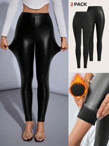 SHEIN Clasi PU Velvet And Solid Velvet Leggings - Suitable As Base Layer For Autumn/Winter - Black - View 9