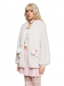 ROMWE Kawaii 女士可爱猫耳蝴蝶结蓬松夹克 - 白色 - 查看 4