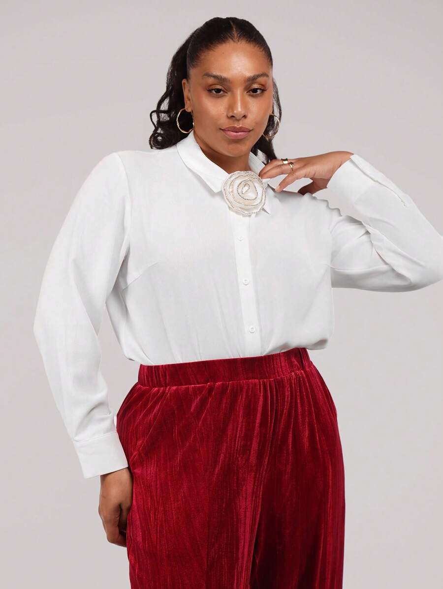SHEIN Clasi Plus Size Women Solid Color 3D Floral Button Long Sleeve Shirt Blouse, Autumn - White - View 1