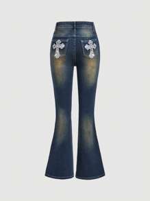 SHEIN Girlism Tween Girls Y2k Retro Millennium Pocket Stars Moon Cross Embroidery Rhinestone Decor Flare Jeans