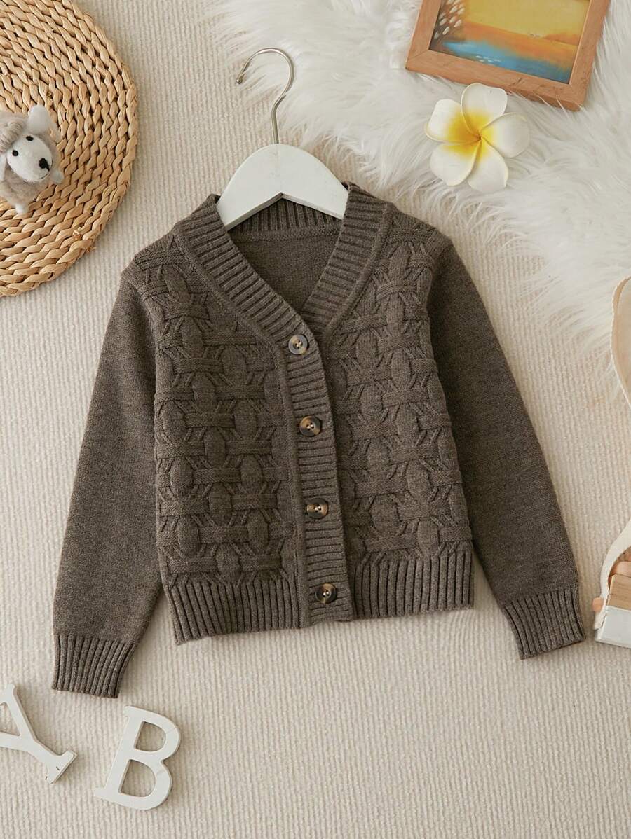 SHEIN 男童 V 领前扣纯色纹理长袖针织开衫 - 咖啡棕 - 查看 1