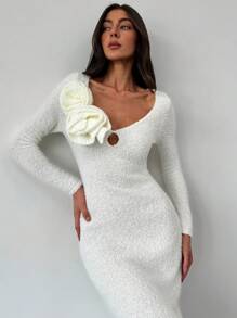 Aloruh Vestido de punto de manga larga hasta el suelo con cuello en V profundo y diseño floral 3D para mujer, romántico para citas y fiestas, otoño/invierno - Albaricoque - Ver 5