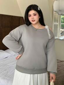 Dazy Petite Plus Damen Große Größen Lässig Kontrast Spitze Kordelzug Schulterfreier Loose Crew Neck Fleece Sweatshirt, Herbst/Winter, Damenmode