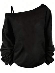 SHEIN SXY Christmas Minimalist Print Plus Size Women One Shoulder Strap Casual T-Shirt, For Autumn And Winter