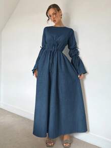 Siren Gaze Váy cotton rộng rãi, màu trung tính, thoải mái và phù hợp cho mùa thu/đông, tay áo dài thêm, xếp ly, viền bồng bềnh - Màu xanh hải quân - Xem 6