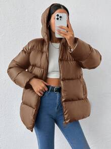 SHEIN Tall Solid Color Hooded Zip-Up Long Sleeve Winter Jacket