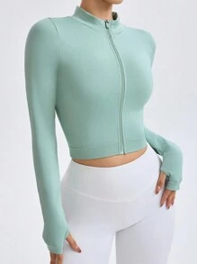 Green Zip Collar Long Sleeve Seamless Sports Jacket - Green - View 3