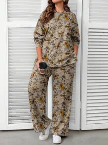 EMERY ROSE Vintage Floral Print Minimalist Casual Plus Size Sweatshirt Set, Spring & Autumn