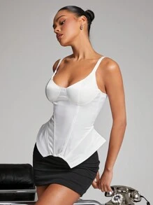 Hauture Blusa de detalle de costura de satén sólido con bajo asimétrico y corte peplum