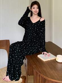 DAZY 3pcs Ditsy Floral Camisole Top , Robe And Pants Sleepwear Pajama Set, Fall Winter Clothes Pajama - Black - View 7