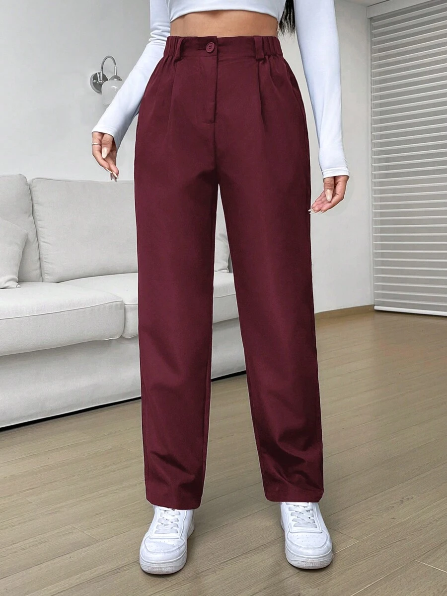 SHEIN EZwear Pantalones rectos de talle alto informales de un solo color - Burdeos - Ver 1