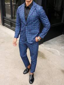 Manfinity Mode Men's Casual Checkered Suit Set - Navy Blue - View 4