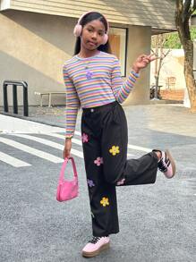 SHEIN 2 pièces Ensemble de Top à manches longues en tricot à encolure ronde rayé et pantalon droit pour filles pré-adolescentes, style de rue - Multicolore - Voir 6