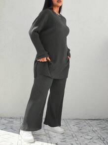 EURMUSE Plus Size Casual Solid Color Top And Pants 2 Pieces Set, Autumn - Dark Grey - View 5