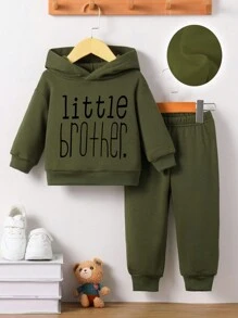 SHEIN 男婴趣味字母印花保暖内衬连帽衫和裤子套装，休闲时尚秋冬 - 軍綠色 - 查看 3