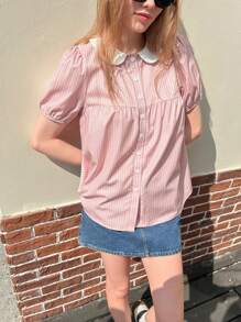 INAWLY Áo sơ mi tay ngắn cổ Peter Pan kẻ sọc cho nữ, mùa hè - Hồng - Xem 4