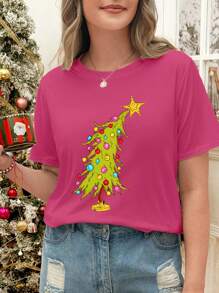 Flirla Plus Size Christmas Printed Short-Sleeved T-Shirt, Rose Red T-Shirt, Christmas Short-Sleeved, Casual Round-Neck Short-Sleeved, Suitable For Summer, Women's Clothing Graphic Tees Women Tops