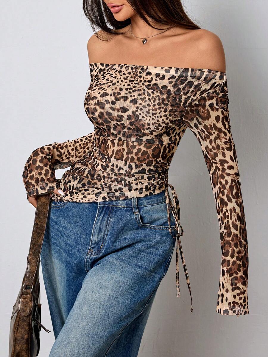 SHEIN Unity Leopard Print Off Shoulder Long Sleeve Asymmetric Hem Drawstring Blouse - Multicolor - View 1