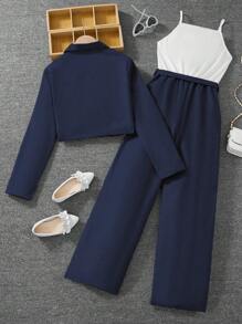 2 件套青少年女孩优雅休闲办公装针织背心和短裤（配腰带） - 藏蓝色 - 查看 2