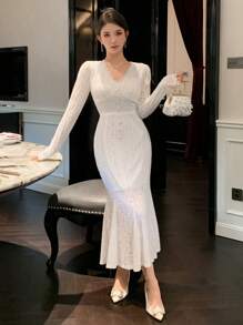 DAZY Women V-Neck Front Button Lace Patchwork Long Sleeve Dress,Ruffle,Fall Dress Prom Dress Elegant Women Dresses - White - View 4