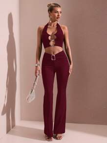 SHEIN BAE Elegant Solid Color Square Rhinestone Decor Flared Pants - Burgundy - View 3