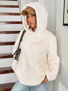 SHEIN EZwear Plush Hoodie With Pockets, Women Regular Fit Winter Long Sleeve Jacket - Beige - View 4