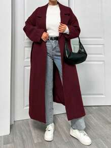 EURMUSE Lapel Neck Double Breasted Slant Pocket Waist Belt Tie-Up Woolen Overcoat - Burgundy - View 5
