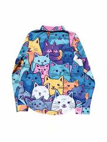 Cartoon Cat Print Vacation Style Casual Buttoned Front Long Sleeve Shirt, Women - Multicolor - View 2