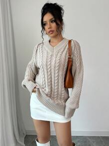 SHEIN Unity 女士厚实百搭休闲宽松通勤毛衣，针织套头衫，秋冬款 - 駝色 - 查看 3
