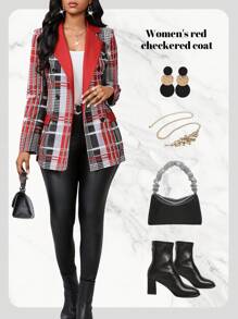 SHEIN Lady Women's Autumn Plaid Patchwork Colorblock Lapel Double Breasted Casual Regular Jacket