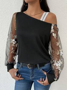 SHEIN PETITE 女士优雅露肩刺绣网眼袖衬衫 - 黑色 - 查看 6