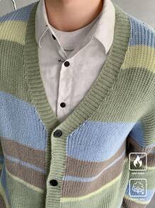 Manfinity Hypemode Men's Casual Striped Color Block Drop Shoulder Loose Button Front Cardigan
