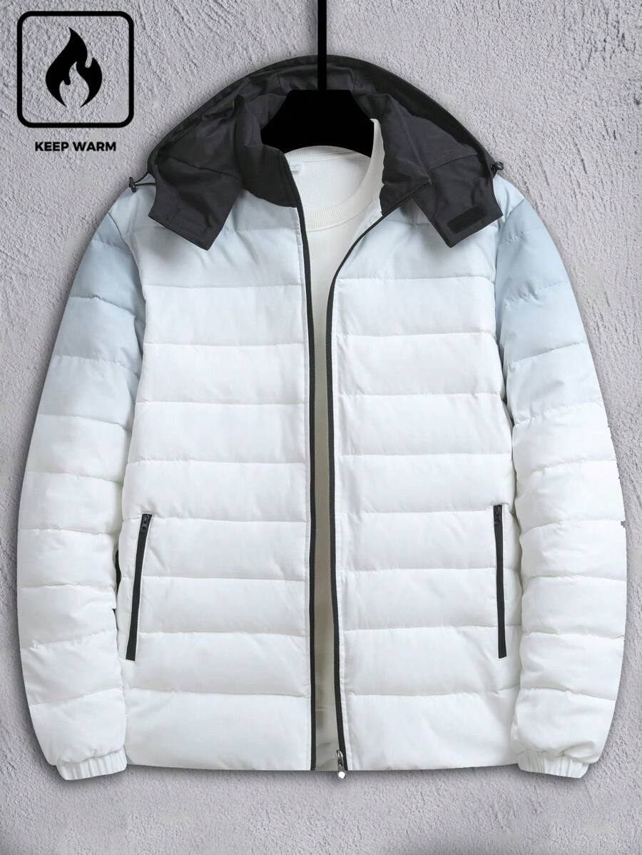 Manfinity Homme 男士带抽绳连帽棉衣，渐变设计冬季外出泡泡衣，白色休闲外套，适合朋友、丈夫、男朋友的礼物 - 彩色 - 查看 1