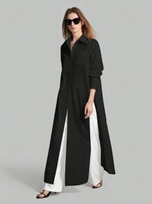 Ontre 2025 Autumn New Women's Casual Loose Vacation Matching Shirt, Black Long Shirt, Women's Shirt, Women's Button-Up Shirt, Commuting, Summer Business Casual Beach Birthday Party Outfit, Women's Teacher Uniform Shirt, Women's Office Wear - Black - View 1