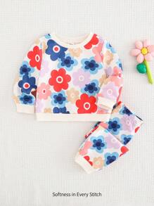 Cozy Pixies 2 件套女婴彩色花卉印花圆领插肩运动衫和慢跑裤套装 - 藍色 - 查看 1
