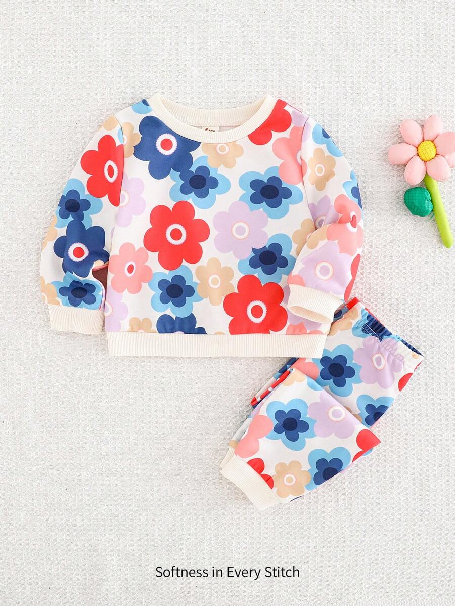 Cozy Pixies 2 件套女婴彩色花卉印花圆领插肩运动衫和慢跑裤套装 - 藍色 - 查看 1