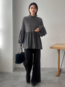 FRIFUL Women Loose Hemline Mixed Fabric Blouse